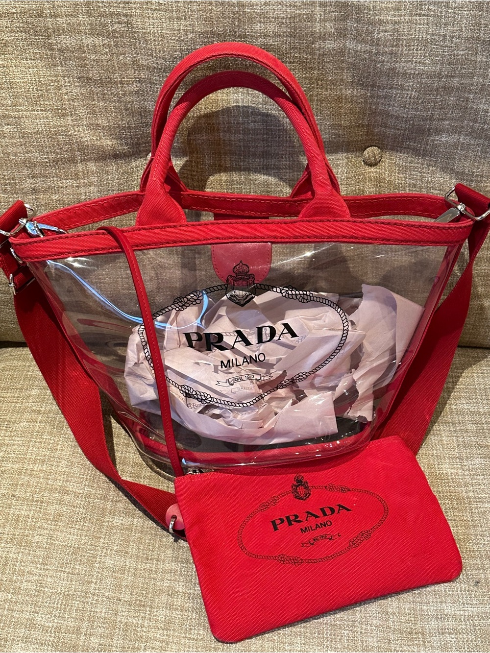 PRADA Canapa Red Canvas/PVC Clear Vinyl Plastic Logo Beach Tote Bag